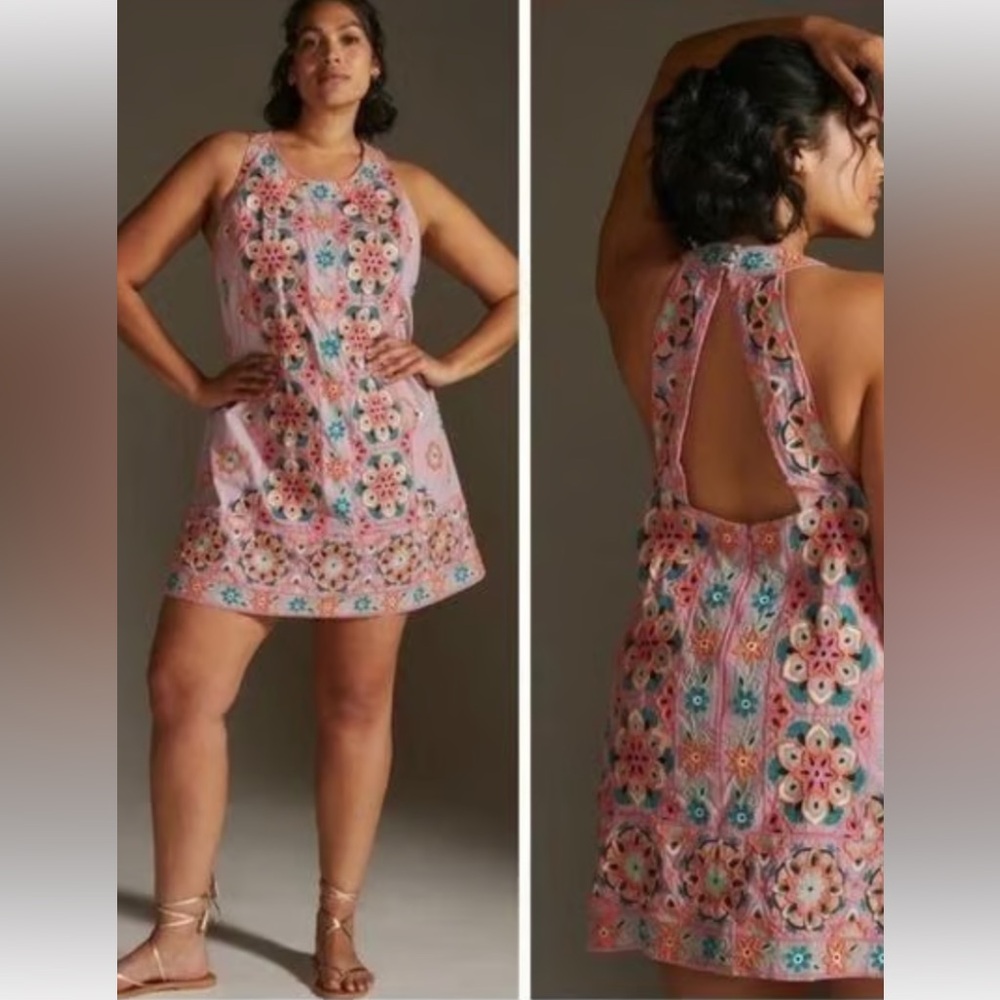 ANTHROPOLOGIE EMBROIDERY & APPLIQUED SHIFT DRESS SIZE 12  PINK ORANGE